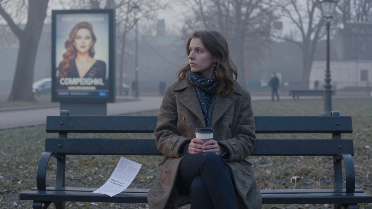 A woman on a park bench at dawn, a discarded escort flyer blowing past her feet in the mist.