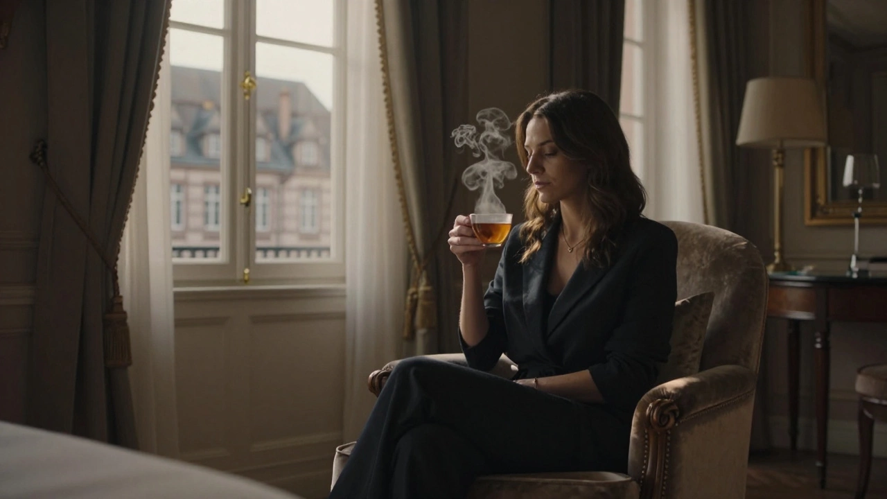 A woman sits calmly in a luxurious hotel room, sipping tea as soft light glows through drapes.