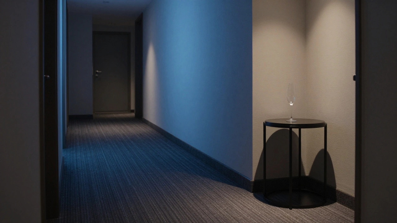 An empty hotel hallway at night, with a champagne glass left on a table, radiating quiet stillness.