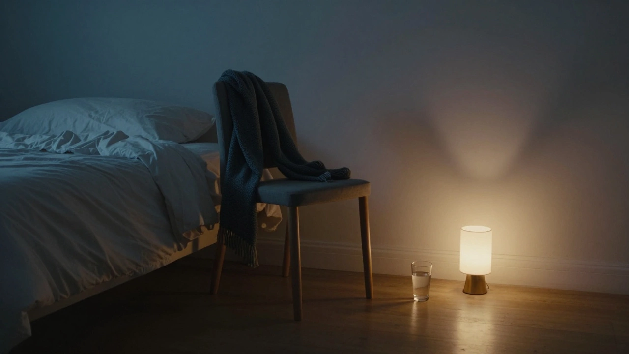 An empty room at dawn with a knotted scarf and glass of water, aftermath of quiet intimacy.