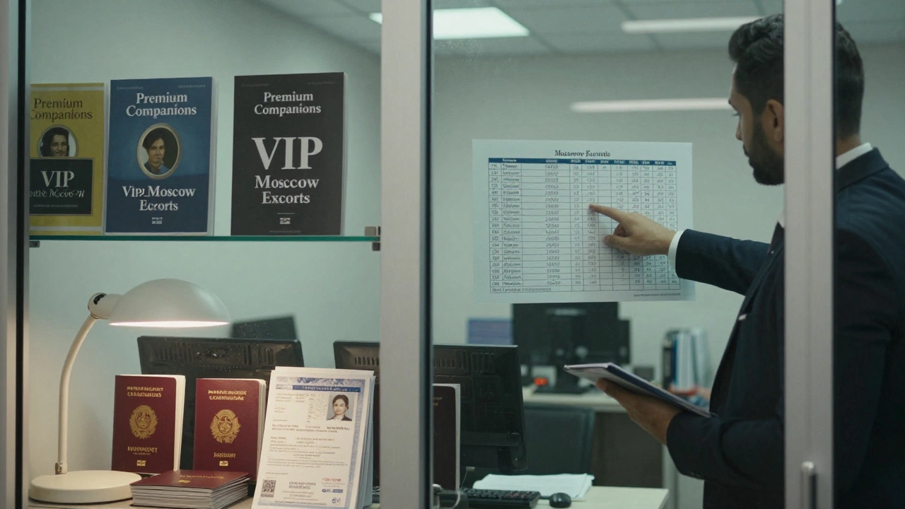 An unseen agency office with brochures and documents labeled &#039;Premium Companions,&#039; under a desk lamp.