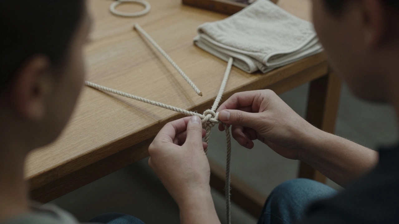 Hands carefully tying cotton rope in a quiet workshop, focused on safe technique.